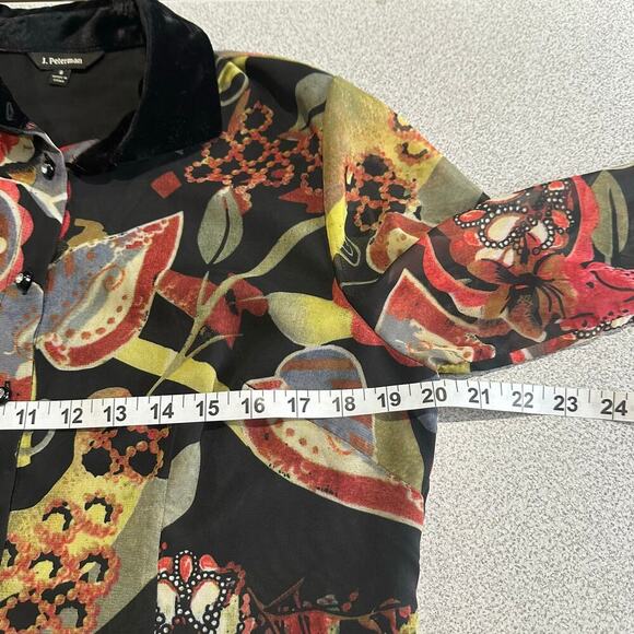J Peterman Sz 8 Chiffon Abstract Print Button Up Blouse Rhinestones Velvet Trim - Picture 5 of 10